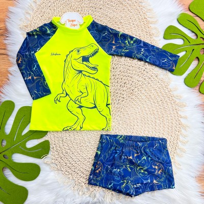 Linha Praia - Conj. Blusa Manga Longa Dino Rex e Sunga com Proteção UV50+ - Verde Fluorescente 